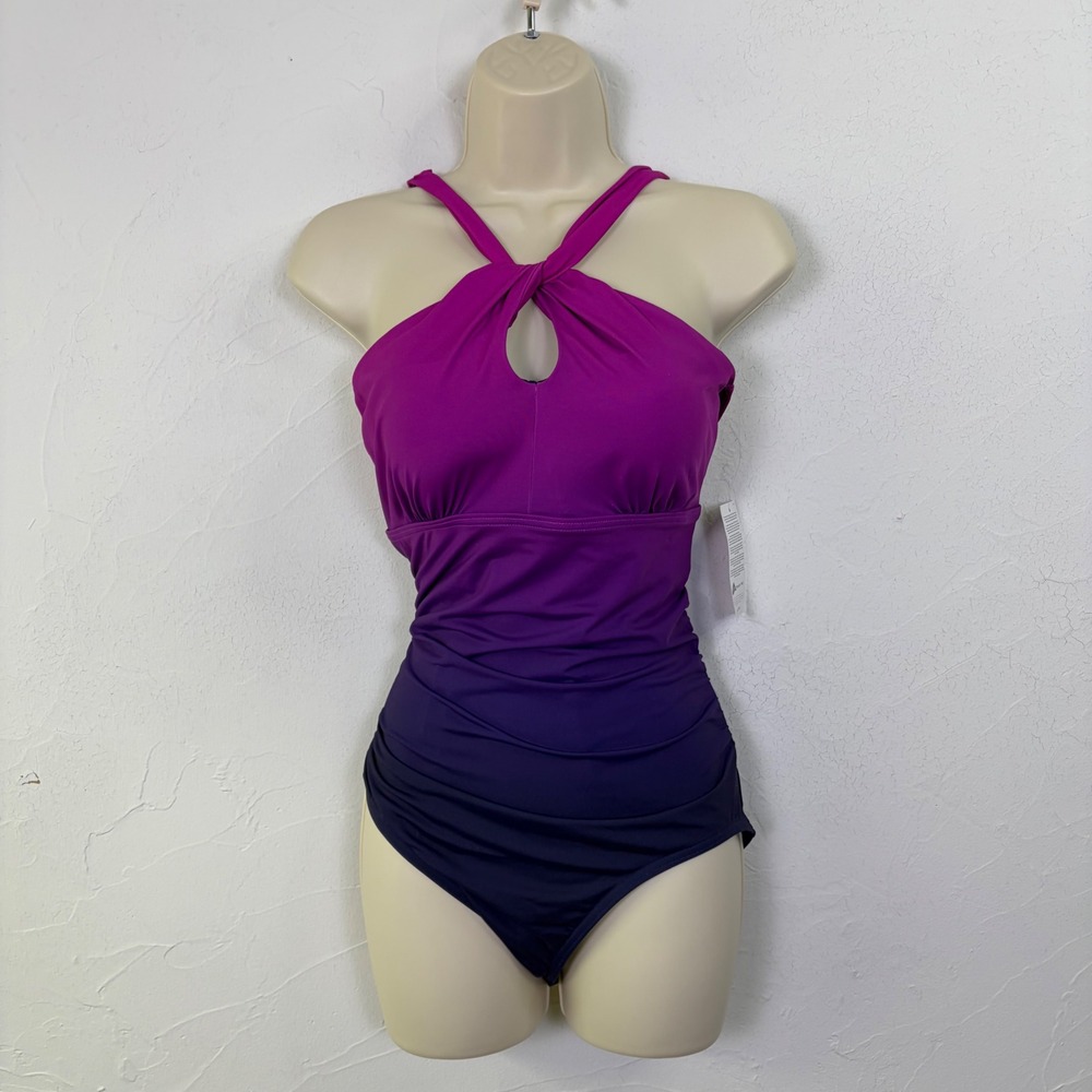 New Lands End One Piece Swimsuit Womens L 14-16 Purple Ombre Ruched Halter Beach